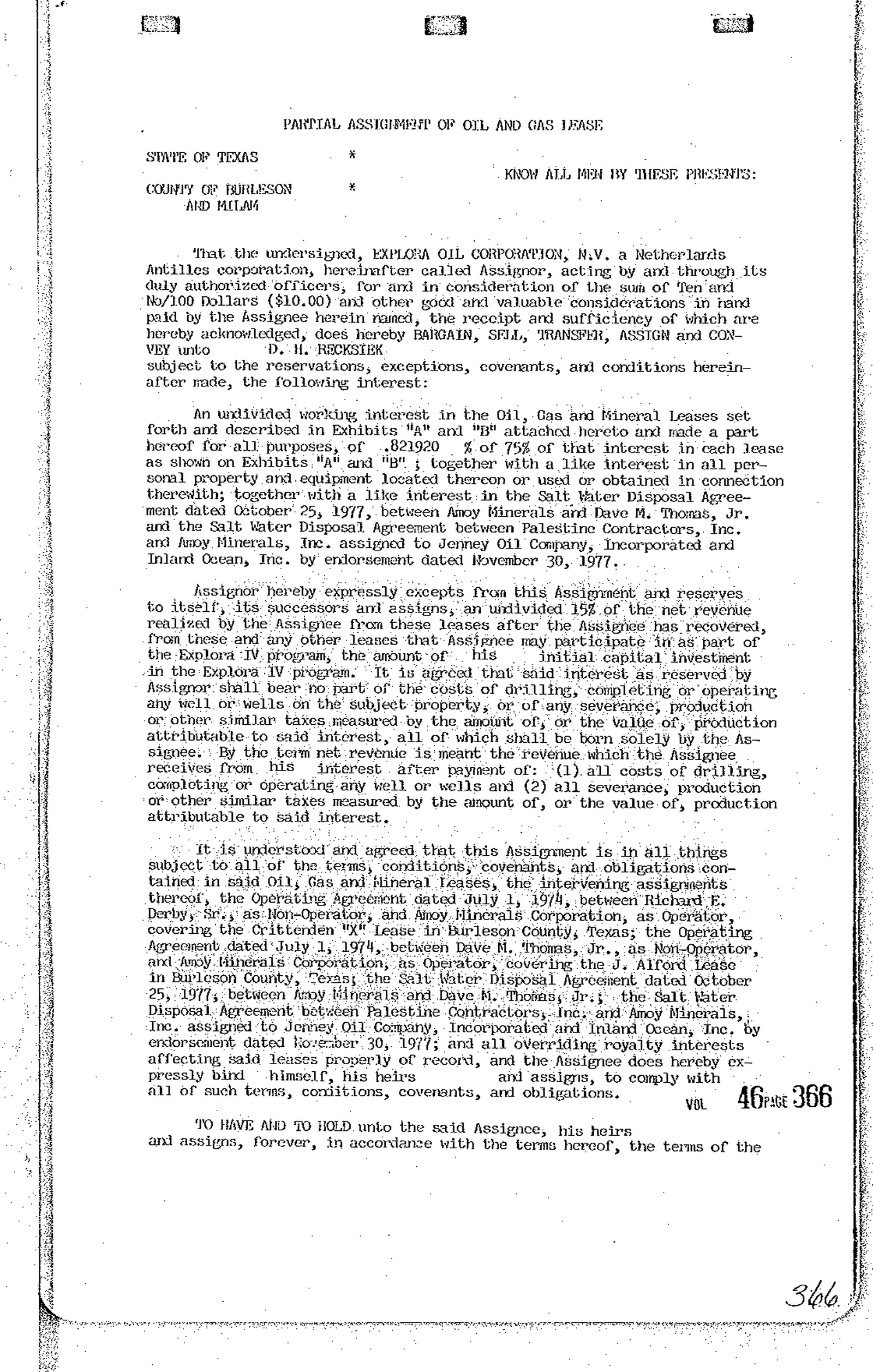 Explora Oil Corp Nv - Recorded P/Asgmt Of Lease(S) (Vol. 46, Page 366)